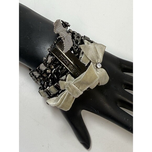Juicy Couture Gun Metal Chain Ribbon Bow Rhinestone Multi Layer Bracelet - Picture 1 of 9